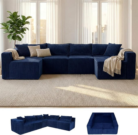 128" U-Shaped Modular Sofa, Modern Cloud Couch with Double Chaise, Sectional Boneless Couch with Pillows, Deep Seat Sofa for Living Room Bedroom, No Assembly Required, Blue