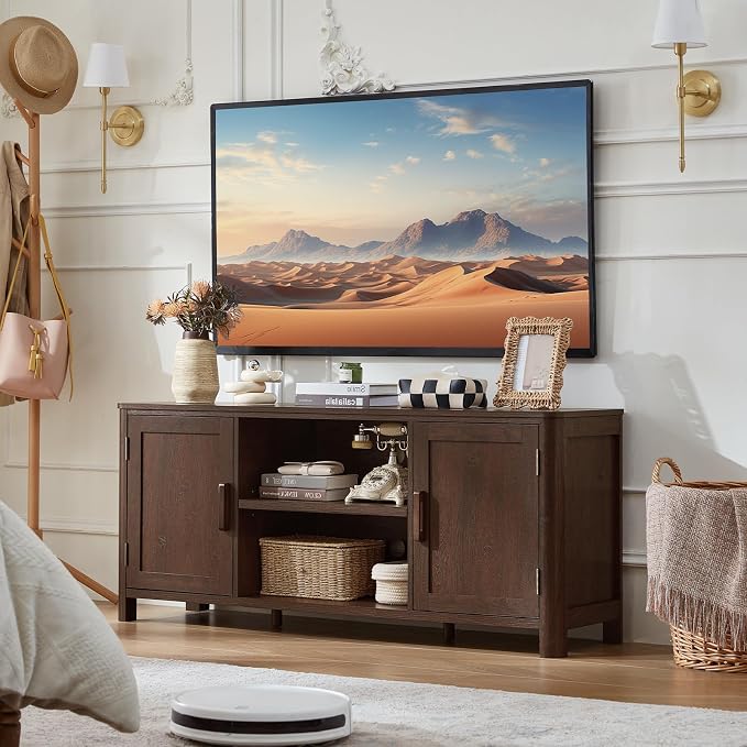 Joaxswe Farmhouse 55" Entertainment Center,Walnut Tv Stand with Adjustable Shelves & 2 Door Storage,Wooden Media Console Cabinet for TVs Up to 65 inches, Rustic Tv Stands for Living Room,Bedroom