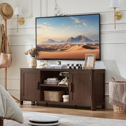 Joaxswe Farmhouse 55" Entertainment Center,Walnut Tv Stand with Adjustable Shelves & 2 Door Storage,Wooden Media Console Cabinet for TVs Up to 65 inches, Rustic Tv Stands for Living Room,Bedroom