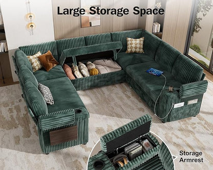 Vipbear 111" Modular Sectional Sleeper Sofa with Pull Out Bed, 8 Seat Plush Corduroy U Shaped Couch with Storage Chaise|USB Ports|Cup Holders|Side Table| Storage Armrests, Tool Free Assembly, Green
