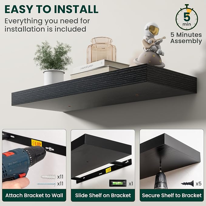 Floating Shelves for Wall, 72 Inch x 8 Inch Deep Wall Mounted Wood Shelf with Invisible Brackets for Storage & Display, Living Room Bedroom Kitchen, Black, Set of 2