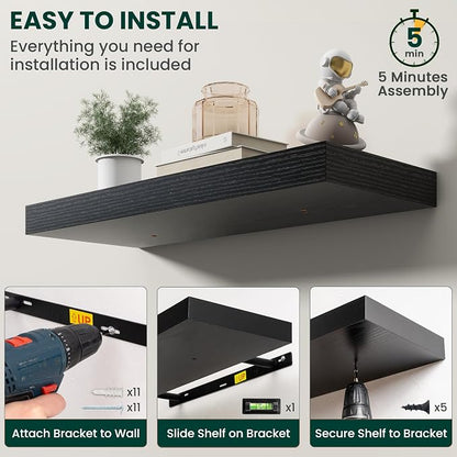 Floating Shelves for Wall, 32 Inch x 8 Inch Deep Wall Mounted Wood Shelf with Invisible Brackets for Storage & Display, Living Room Bedroom Kitchen, Black, Set of 2