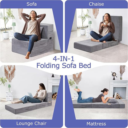 Folding Sofa Bed, 4 in 1 Convertible Sleeper Chair with Pillow, Single Memory Foam Fold Out Chair Bed, Modern Floor Futon Sofa Couch Mattress for Living Room/Guest/Apartment, Light Gray