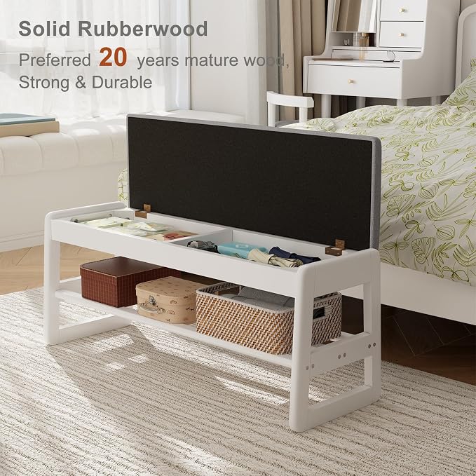 AQIMUELE Shoe Rack Bench,2 Tiers Shoe Bench with Storage with Flip-Top,Wood Shoe Rack for Entryway,Hallway（White Upholstered Seat,11.8" D x 39.3" W x 15.7" H）