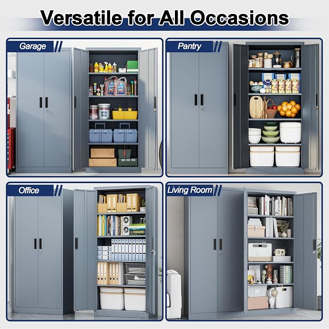 BESFUR Metal Garage Storage Cabinet with Locking Doors and 4 Adjustable Shelves, Gray Tall Storage Cabinets, Tool File Lockable Cabinet for Garage Office Warehouse Shop(71”H)