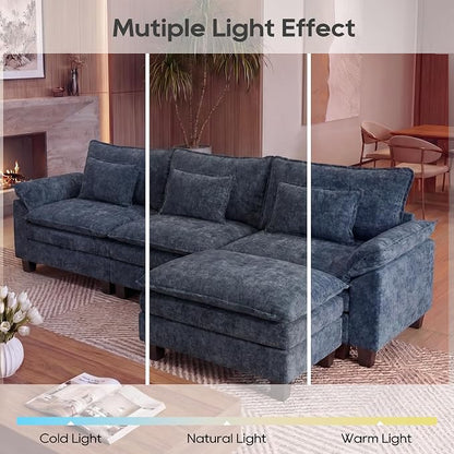 URRED Oversized Modular Sectional Sofa, 122" L Shaped Modern Comfy Cloud Couch with Movable Ottoman & Pillows, Deep Seat Couches for Living Room, Bedroom or Apartment (Chenille Blue, 122" L Shaped)