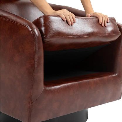 PU Leather Swivel Barrel Accent Chair, Upholstered Armchair Club Chair for Living Room, Round Arm Chair Bedroom Single Sofa Reading Seat - Red Brown