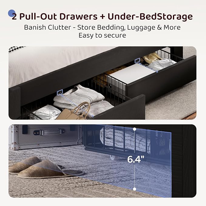 BRELTAM Queen Size Bed Frame with Storage Drawers Upholstered Bed with 2-Tier Storage Headboard and LED Light&Charging Station,Metal Platform Bed Frame Queen Size,Noise Free,No Box Spring Needed,Black