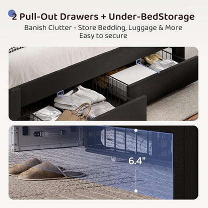 BRELTAM King Bed Frame with upholstered Headboard & Storage Drawers Metal Platform Bed Frames King Size with LED Lights Built in Charging Station,No Box Spring Needed,No Noise,Easy Assembly,Black