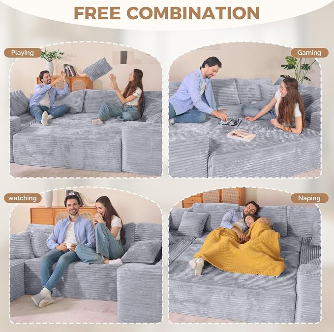 Luxanimarion 136'' Large Sectional Cloud Couches with Chaise, U Shaped Boneless Loveseat Sofa, No Assembly Required Deep Seat Modular Lounge for Living Room 3PCS Set, Bedroom(Light Grey)