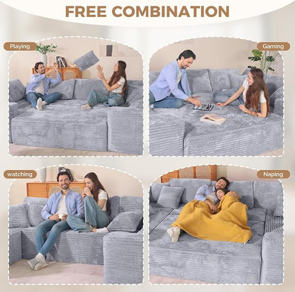 Luxanimarion 136'' Large Sectional Cloud Couches with Chaise, U Shaped Boneless Loveseat Sofa, No Assembly Required Deep Seat Modular Lounge for Living Room 3PCS Set, Bedroom(Light Grey)