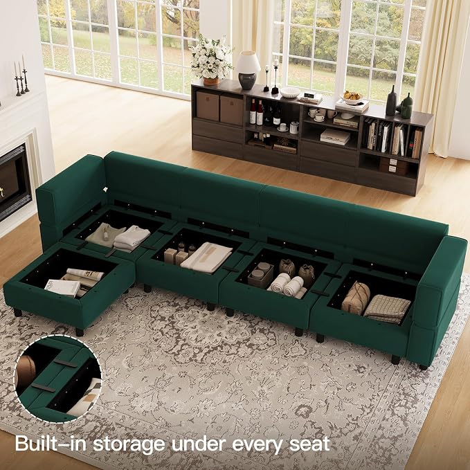 Belffin Modular Sectional Sofa Couch with Reversible Chaise - Velvet L Shaped Couch with Storage, 4-seat Convertible Green.…