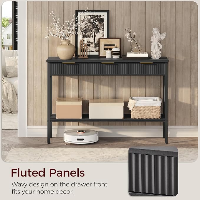 MAHANCRIS Console Table with 3 Drawers, Narrow Long Entry Table with Storage Shelf, 2-Tier Fluted Entryway Table, for Entryway, Living Room, Foyer, Hallway, Office, Black and Gold CTHB5201