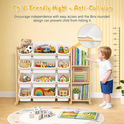 Toy Storage Organizer with 12 Bins & 3-Tier Bookshelf - White | 12 Removable Bins Keep Toys Sorted; 3-Tier Kids Bookshelf Creates Easy-Access Storage for Kids Rooms and Playrooms
