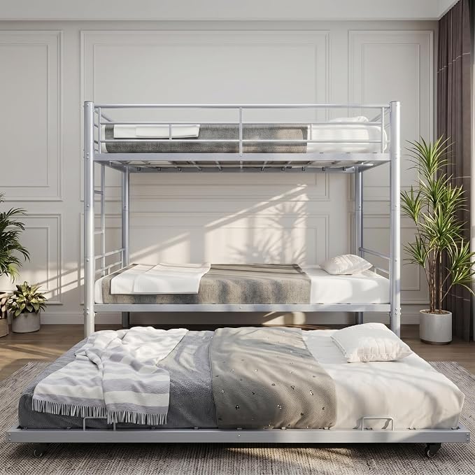 Detachable Bunk Bed Twin over Twin with Trundle, Heavy Duty Triple Bunk Bed Frame for Kids, Teens, Adults, Space Saving 3 Beds with Safety Guardrails & Ladde for Bedroom, Dorm, Noise-Free, Silver