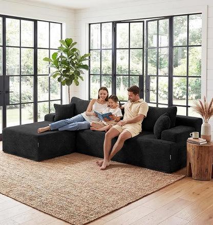 Hobestluk Modular Sectional Sofa Couches L-Shape Couch 3 Seat Modular Sofa Memory Foam Sectional Couches for Living Room, Cloud Couch with Oversized Chaise (Black Corduroy, 96", Left Hand Facing)