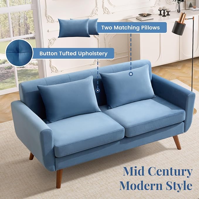 Tbfit 65" W Loveseat Sofa, Velvet Mid Century Modern Love Seat Couches for Living Room, Button Tufted Upholstered Small Couch for Bedroom, Solid and Easy to Install Love Seats Furniture, Blue | linen fabric