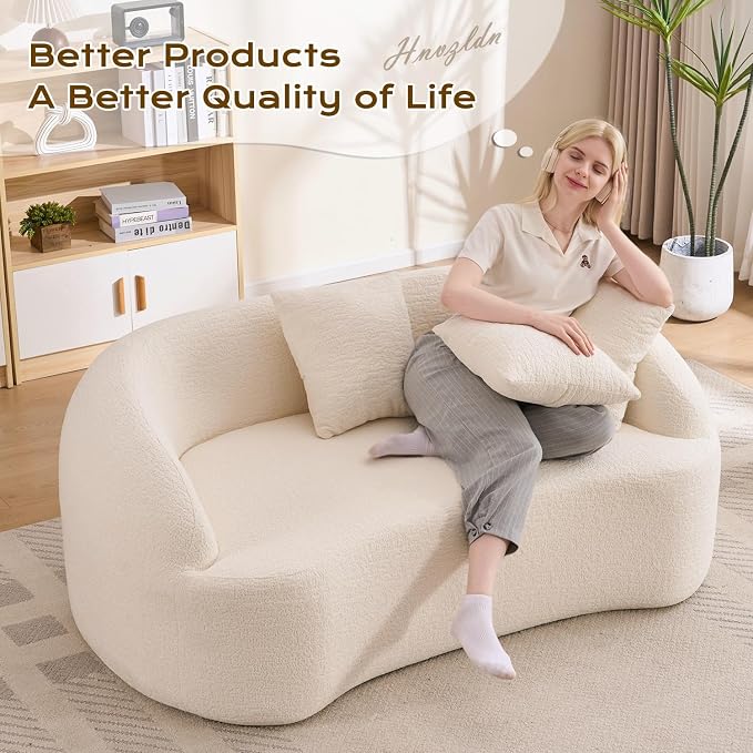66" Curved Loveseat Sofa for Small Space, Boneless Chenille Boucle Cloud Couch, Luxury Extra High Back & Deep Seat, Oversized Comfort with No Assembly Required for Office, Dorm (Cream White)