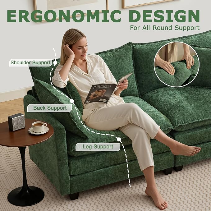 113” Modular Sectional Sofa, L Shaped Cloud Couches for Living Room, Green | Comfy Chenille, Deep Seat, Bedroom, Apartment, Throw Pillow, Removable Washable Cover, Movable Ottoman, Easy Assembly, Modern