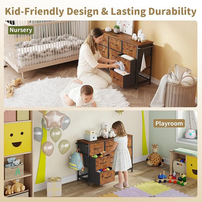 Dresser for Bedroom, Small Fabric Dressers for Kids Bedroom, 9 Drawers Dresser for Closet, Storage Organizer Chest of Drawers for Nursery, Dorm, Apartment, TV Stand, Wood Top, Side Hook (Rustic Brown)