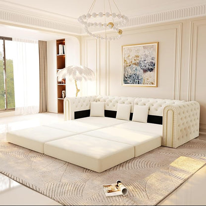 90.6'' Velvet Folding Floor Sofa Bed - 3-in-1 Convertible Sleeper Couch with Ottoman, Button Tufted Gold Edge Trim Chesterfield Sofa, Pull-Out King Size Couch Bed for Apartments, Living Room, Beige | 3-in-1 Convertible