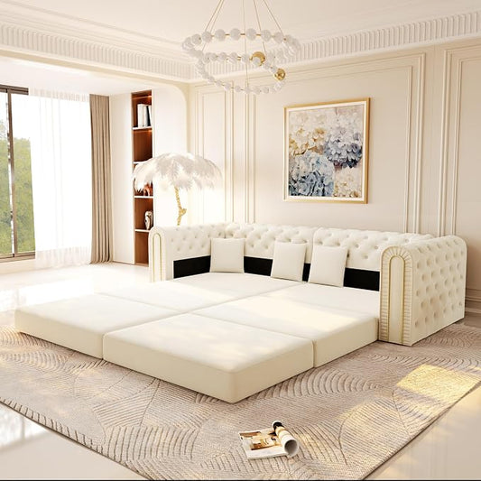 90.6'' Velvet Folding Floor Sofa Bed - 3-in-1 Convertible Sleeper Couch with Ottoman, Button Tufted Gold Edge Trim Chesterfield Sofa, Pull-Out King Size Couch Bed for Apartments, Living Room, Beige | 3-in-1 Convertible