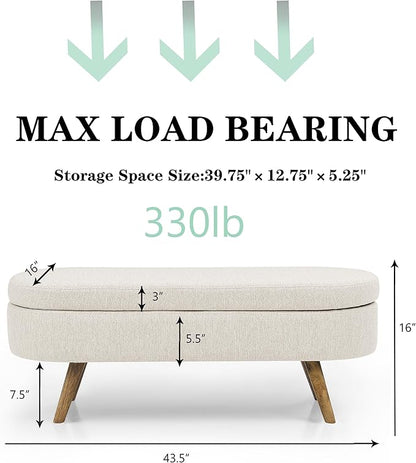 43.5" Ottoman with Storage, Storage Ottoman Bench with Safety Hinge, Linen End of Bed Bench, Upholstered Entryway Bench for Bedroom, Living Room & Window, Holds up to 330 lb, Beige