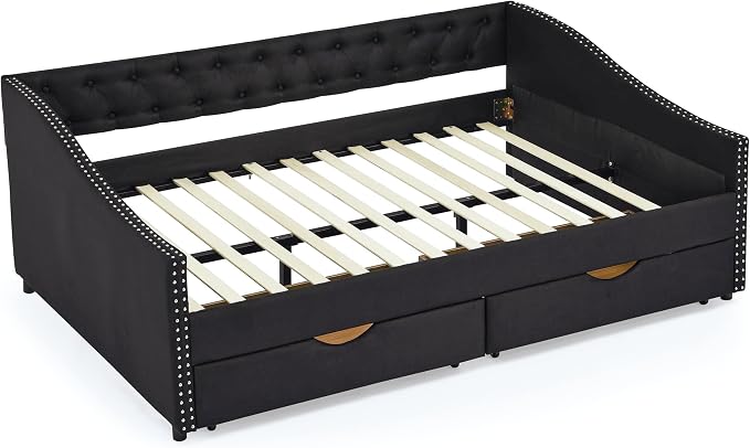 KEIKI Full Size Upholstery Daybed with 2 Drawers and Headboard, Mid-Century Style Tufted Sofa Bed with Button on Back, Easy Assembly, No Box Spring Required, for Living Room and Bedroom, Black
