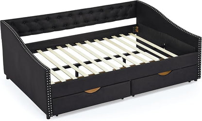 KEIKI Full Size Upholstery Daybed with 2 Drawers and Headboard, Mid-Century Style Tufted Sofa Bed with Button on Back, Easy Assembly, No Box Spring Required, for Living Room and Bedroom, Black