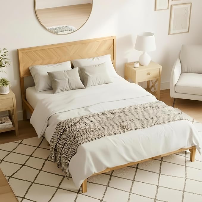 KOMFOTT Queen Acacia Wood Bed Frame with Headboard, Solid Wood Platform Bed Frame, Wooden Slats Supported Bed Base with Under-Bed Storage Space, No Box Spring Needed Mattress Foundation