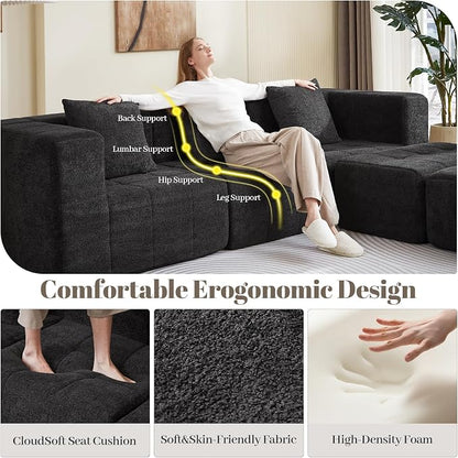 Modular Sectional Sofa with Deep Seat, 98'' Boneless Cloud Couch No Assembly Required, Modern Plush Corduroy Cloud Couches for Living Room & Apartment (3 Seat w/ 2 Ottoman), Black