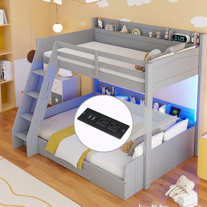 RUNNA Twin Over Full Bunk Bed with Storage Shelves,LED Grey/LED | Charging Station, a Drawer Solid Wood Bunk Bed for Kids, Teens, Adults