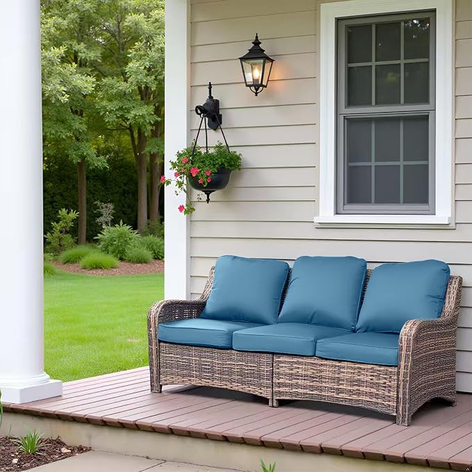 Outdoor Patio Sofa, Outdoor Wicker 3 Seater Sofa with High Back, Deep Seating, Wide Armrest, Thickened Cushions for Deck, Porch Use, Peacock Blue