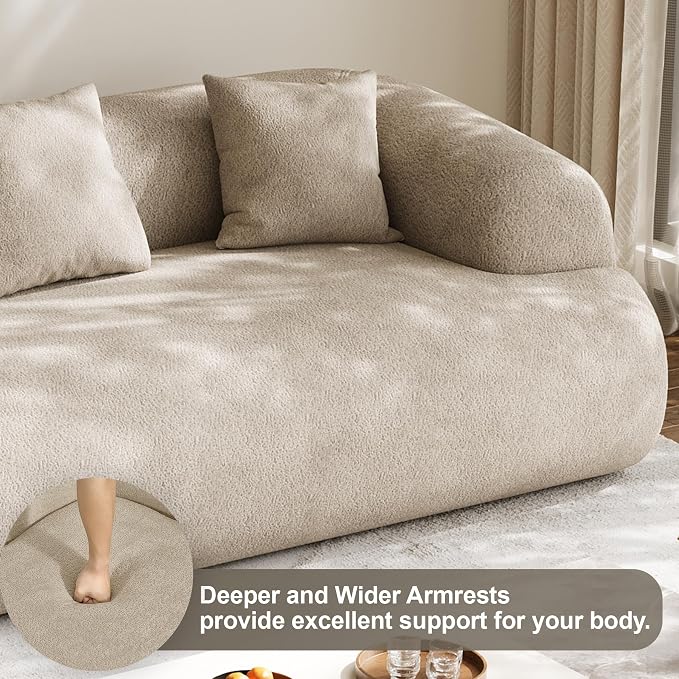 Oversized Sectional Sofa for Living Room, Modern Luxury Plush Chenille 3-Seater Extra Deep & Wide Seat Curved Cloud Couch with 3 Throw Pillows, No Assembly Needed, Light Brown（91 inch）