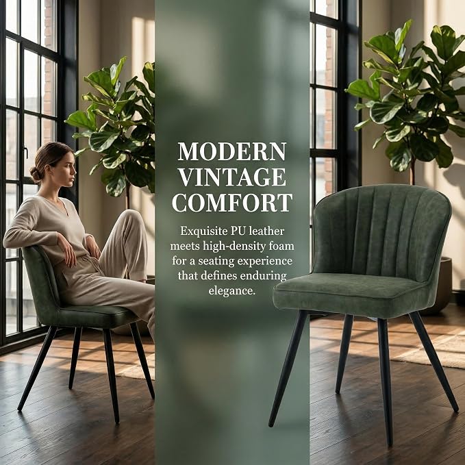 ROCITY Modern Upholstered Dining Chairs Set of 4 Green Leather Dining Room Chairs Armless Kitchen Chair with Black Metal Legs