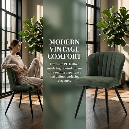 ROCITY Modern Upholstered Dining Chairs Set of 4 Green Leather Dining Room Chairs Armless Kitchen Chair with Black Metal Legs