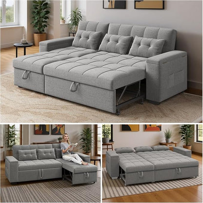 Ahomly 87" Convertible Sofa Bed – Space-Saving Sleeper with Pull-Out Design, Adjustable Backrest, Wide Armrests with Storage, Plush Cushions, Cozy for Small Spaces (Light Grey)
