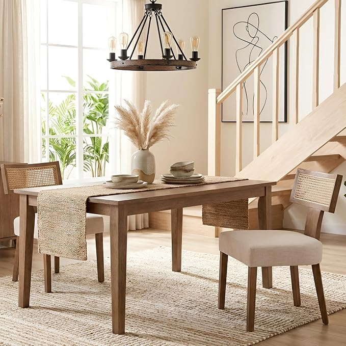 HNY Mid Century Modern Rattan Dining Chairs Set of 2, Linen Upholstered Kitchen & Dining Room Chairs with Ergonomic Curved Back, Solid Wood Frame, Farmhouse Accent Chairs for Home, Apartment, Beige