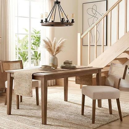 HNY Mid Century Modern Rattan Dining Chairs Set of 2, Linen Upholstered Kitchen & Dining Room Chairs with Ergonomic Curved Back, Solid Wood Frame, Farmhouse Accent Chairs for Home, Apartment, Beige