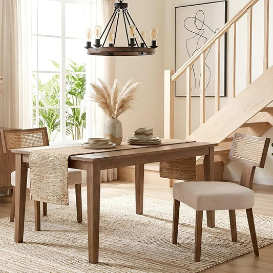 HNY Mid Century Modern Rattan Dining Chairs Set of 2, Linen Upholstered Kitchen & Dining Room Chairs with Ergonomic Curved Back, Solid Wood Frame, Farmhouse Accent Chairs for Home, Apartment, Beige