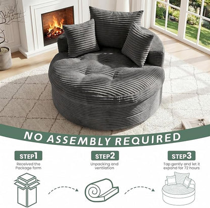 Oversized Round Chaise Lounge Chair, Deep Seat Cloud Boneless Floor Sofa Couch, Upholstered Corduroy Sleeper with 3 Pillows & Optional Ottoman, No Assembly Modern Lazy Floor Lounger for Living Room