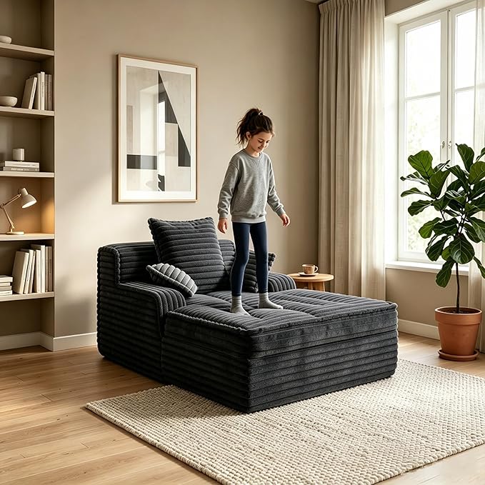 57 Inch Chaise Lounge Chair Indoor, Corduroy Upholstered Boneless Sofa Bed, Deep Seat Sleeper Couch Reading Chairs, Small Comfy Cloud Sofas Couches for Living Room, Bedroom, Grey