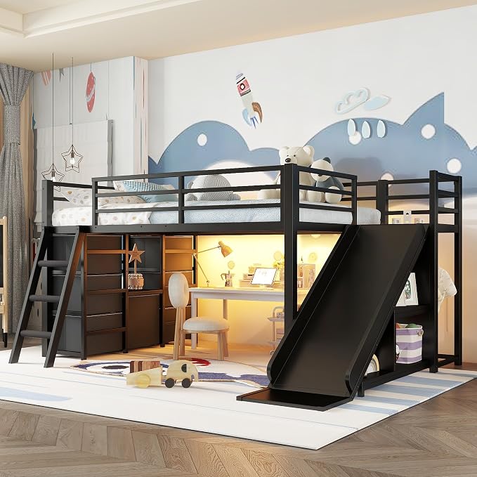 Bellemave Twin Size Loft Bed with 7 Non-Woven Fabric Drawers, Shelves and Wardrobe, Twin Loft Bed with Detachable Slide and Ladders, Low Profile Loft Beds with Lights, Noise Reduced Design Black
