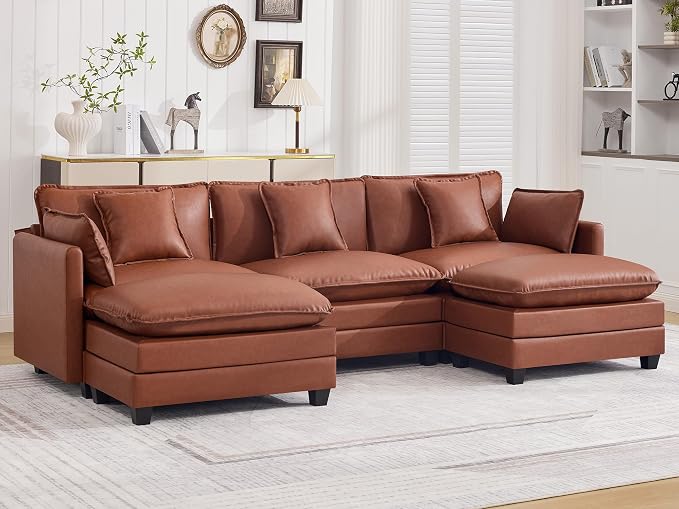 111'' Sectional Cloud Deep Seat Couch, Oversized Leather U Shaped Sectional Sofa for Living Room Set, Comfy Upholstered Modular 5-Seats Sectional Sofa Couch with 2 Movable Ottoman, Leather Brown