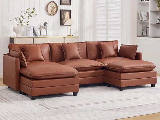 111'' Sectional Cloud Deep Seat Couch, Oversized Leather U Shaped Sectional Sofa for Living Room Set, Comfy Upholstered Modular 5-Seats Sectional Sofa Couch with 2 Movable Ottoman, Leather Brown