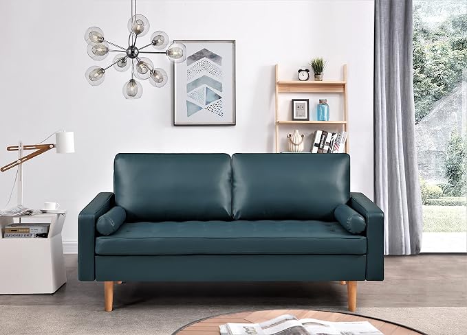 Container Furniture Faux Leather Sofa for the Modern Living Room with Removable Cushions and Solid Wood Legs, Luxury Style Button-Tufted Couch, 69.68" Wide, Dark Ocean Blue
