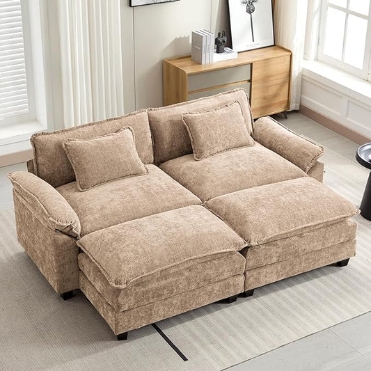 Oprisen 86" Modular Sectional Sofa, Comfy Cloud Couch Sectional Sofa with Ottomans, Chenille Sofa Sleeper Deep Seat Sofa with Throw Pillows for Living Room (Khaki)