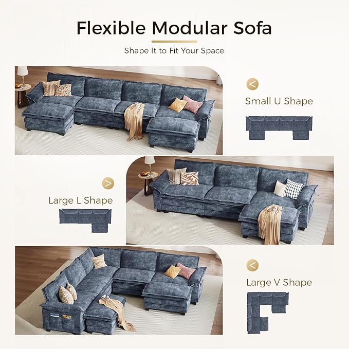 KKL Large V-Shaped Modular Sectional Sofa, 7 Seater Oversize Cloud Couch with Ottoman, Chenille Sectional Couches for Living Room, Apartment, Blue