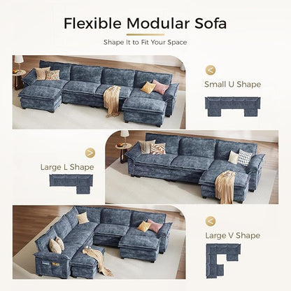 KKL Large V-Shaped Modular Sectional Sofa, 7 Seater Oversize Cloud Couch with Ottoman, Chenille Sectional Couches for Living Room, Apartment, Blue