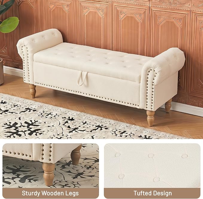 Furniliving 51” End of Bed Storage Bench, Bedroom Bench with Button-Tufted, Upholstered Storage Ottoman Benches Window Bench with Storage, Chenille Bench for Living Room, Entryway, Beige